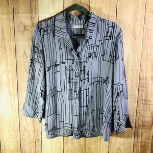 Habitat Abstract Print 3/4 Sleeve Button Front Blouse Lavender Black Medium